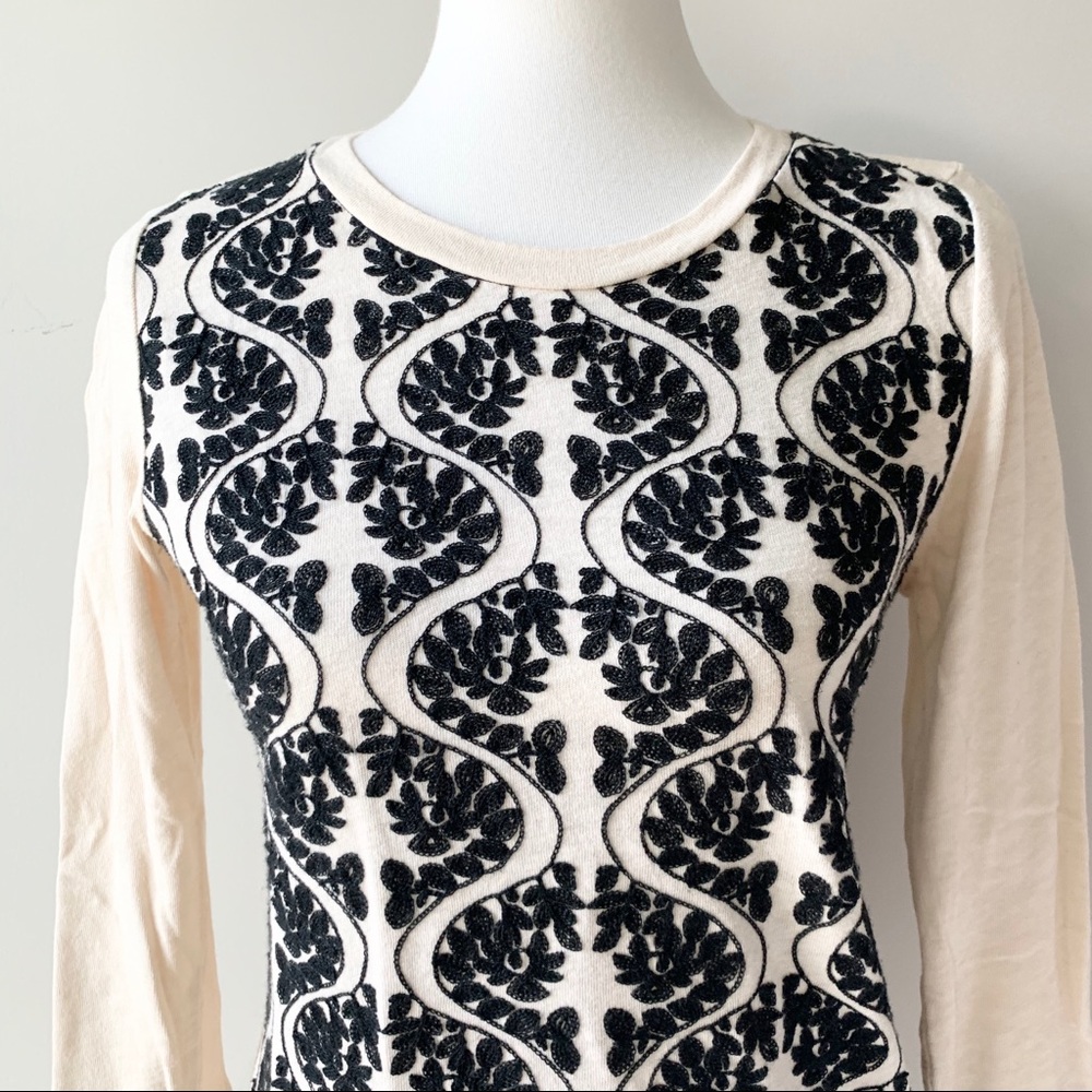 J. Crew Black and Cream Embroidered Top Medium